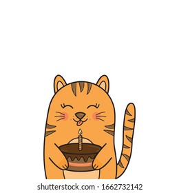 Cute birthday cat vector illustration. Hand drawn greeting card, cute tabby kitten holding chocolate cake. Isolated.