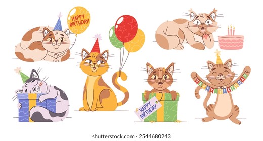 Cute birthday cats characters with festive cakes, gifts, colorful balloons and greeting garland set