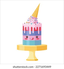 Cute Birthday celebration cake character. Kawaii cartoon ice cream cone cake, funny dessert, colorful layered bakery decorated with icing. Footed cake in sweet expression with tongue sticking out.