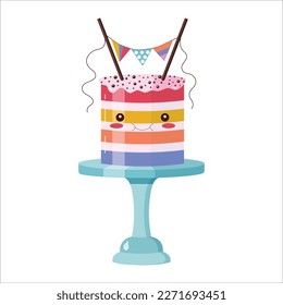 Cute Birthday celebration cake character. Smiling kawaii cartoon garland cake, funny dessert, colorful layered bakery decorated with icing. Happy footed cake in sweet expression.