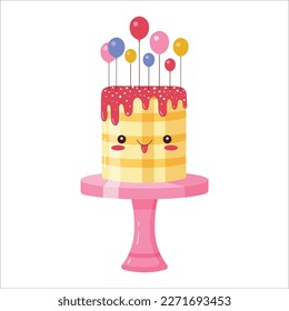 Cute Birthday celebration cake character. Smiling kawaii cartoon balloon cake, funny dessert, colorful layered bakery decorated with icing. Footed cake in sweet expression with tongue sticking out.