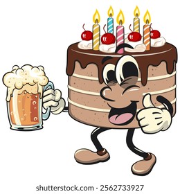 cute birthday chocolate cake cartoon character mascot lift a big glass of beer, work of hand drawn