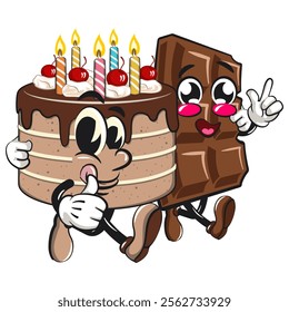 cute birthday chocolate cake cartoon character mascot walk with a chocolate bar character while giving thumbs up, work of hand drawn