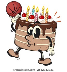 cute birthday chocolate cake cartoon character mascot playing basketball, work of hand drawn