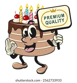 cute birthday chocolate cake cartoon character mascot carrying a sign board that says premium quality while giving an okay sign, work of hand drawn