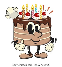 cute birthday chocolate cake cartoon character mascot as chef give thumbs up, work of hand drawn