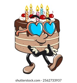 cute birthday chocolate cake cartoon character mascot wearing heart shaped beach sunglasses, work of hand drawn