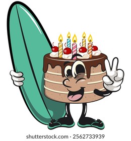 cute birthday chocolate cake cartoon character mascot with surfboard and gave a peace sign, work of hand drawn