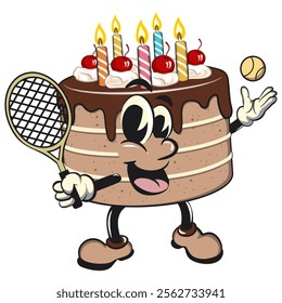 cute birthday chocolate cake cartoon character mascot playing tennis, work of hand drawn