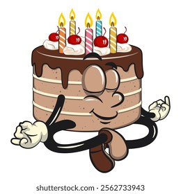 cute birthday chocolate cake cartoon character mascot meditating, work of hand drawn