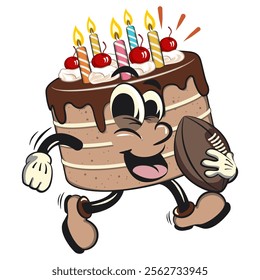 cute birthday chocolate cake cartoon character mascot playing rugby and american football, work of hand drawn