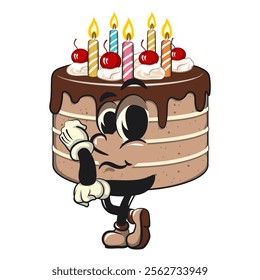 cute birthday chocolate cake cartoon character mascot being sad, work of hand drawn