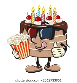 cute birthday chocolate cake cartoon character mascot with a bucket of popcorn with wearing 3d glasses, work of hand drawn