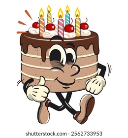 cute birthday chocolate cake cartoon character mascot walking with thumbs up, work of hand drawn