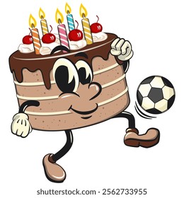 cute birthday chocolate cake cartoon character mascot playing football or soccer, work of hand drawn