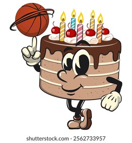 cute birthday chocolate cake cartoon character mascot spin the basketball with the index finger, work of hand drawn