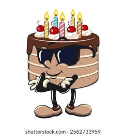 cute birthday chocolate cake cartoon character mascot wearing sunglasses folding his arms calmly, work of hand drawn