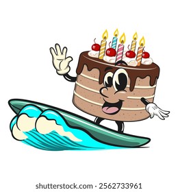 cute birthday chocolate cake cartoon character mascot surfing riding the waves, work of hand drawn