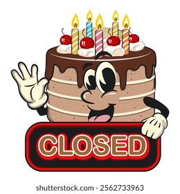 cute birthday chocolate cake cartoon character mascot showing a sign that says closed while waving his hand, work of hand drawn