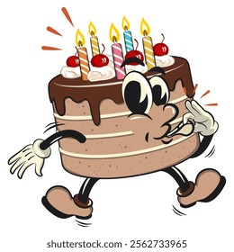 cute birthday chocolate cake cartoon character mascot is blowing the whistle, work of hand drawn