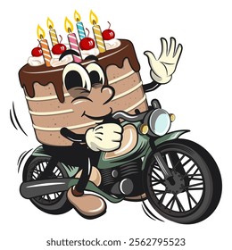 cute birthday chocolate cake cartoon character mascot riding a big motorcycle, work of hand drawn