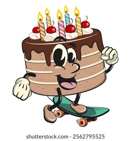 cute birthday chocolate cake cartoon character mascot playing skateboard, work of hand drawn