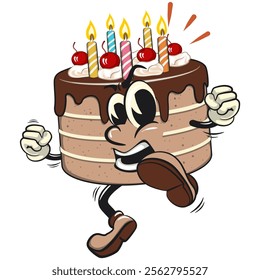 cute birthday chocolate cake cartoon character mascot enthusiastically jumping and kicking, work of hand drawn