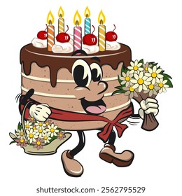 cute birthday chocolate cake cartoon character mascot as florist with desy flowers, work of hand drawn