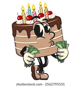 cute birthday chocolate cake cartoon character mascot carrying money while whistling, work of hand drawn