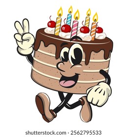 cute birthday chocolate cake cartoon character mascot walking with a peace sign, work of hand drawn