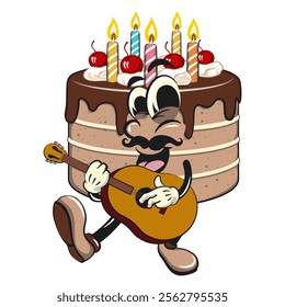 cute birthday chocolate cake cartoon character mascot with moustache playing guitar, work of hand drawn