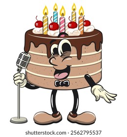 cute birthday chocolate cake cartoon character mascot on front of the mic become a stand up comedian, work of hand drawn