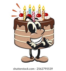 cute birthday chocolate cake cartoon character mascot big smile while folding arms, work of hand drawn