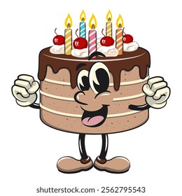 cute birthday chocolate cake cartoon character mascot be strong, work of hand drawn