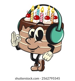 cute birthday chocolate cake cartoon character mascot listening to headset while dancing, work of hand drawn