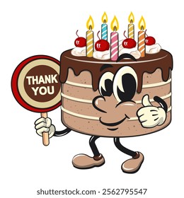 cute birthday chocolate cake cartoon character mascotsay thank you, work of hand drawn