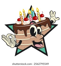 cute birthday chocolate cake cartoon character mascot out from of a star by giving an OK sign, work of hand drawn