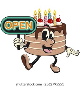 cute birthday chocolate cake cartoon character mascot showing a sign that says open, work of hand drawn