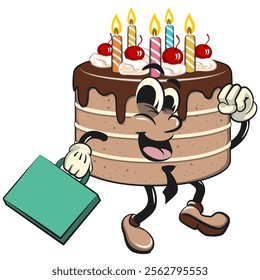 cute birthday chocolate cake cartoon character mascot wearing a tie and carrying a suitcase rushing to the office, work of hand drawn