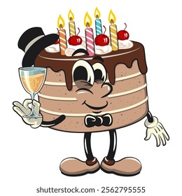 cute birthday chocolate cake cartoon character mascot wearing hat and bow tie raising a wine glass, work of hand drawn