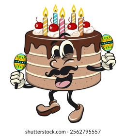 cute birthday chocolate cake cartoon character mascot with moustache playing maracas, work of hand drawn