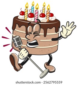 cute birthday chocolate cake cartoon character mascot sing earnestly with maximum style, work of hand drawn