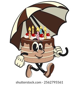 cute birthday chocolate cake cartoon character mascot walking with an umbrella, work of hand drawn