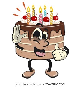 cute birthday chocolate cake cartoon character mascot wave your hand and give a thumbs up sign, work of hand drawn