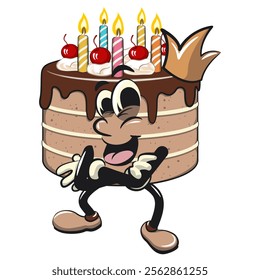 cute birthday chocolate cake cartoon character mascot crowned like a king while folding his arms calmly, work of hand drawn