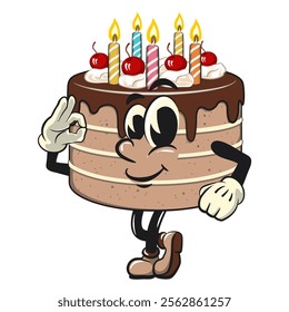 cute birthday chocolate cake cartoon character mascot greet by giving oke sign, work of hand drawn