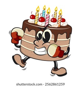 cute birthday chocolate cake cartoon character mascot practicing boxing wearing boxing glove, work of hand drawn