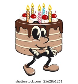 cute birthday chocolate cake cartoon character mascot folding his arms calmly, work of hand drawn