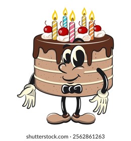 cute birthday chocolate cake cartoon character mascot wearing a bow tie and feeling cool, work of hand drawn