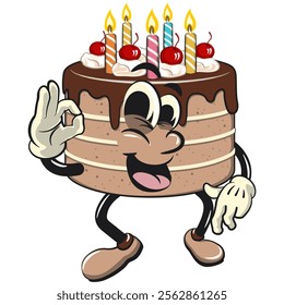 cute birthday chocolate cake cartoon character mascotdancing while giving the okay sign, work of hand drawn